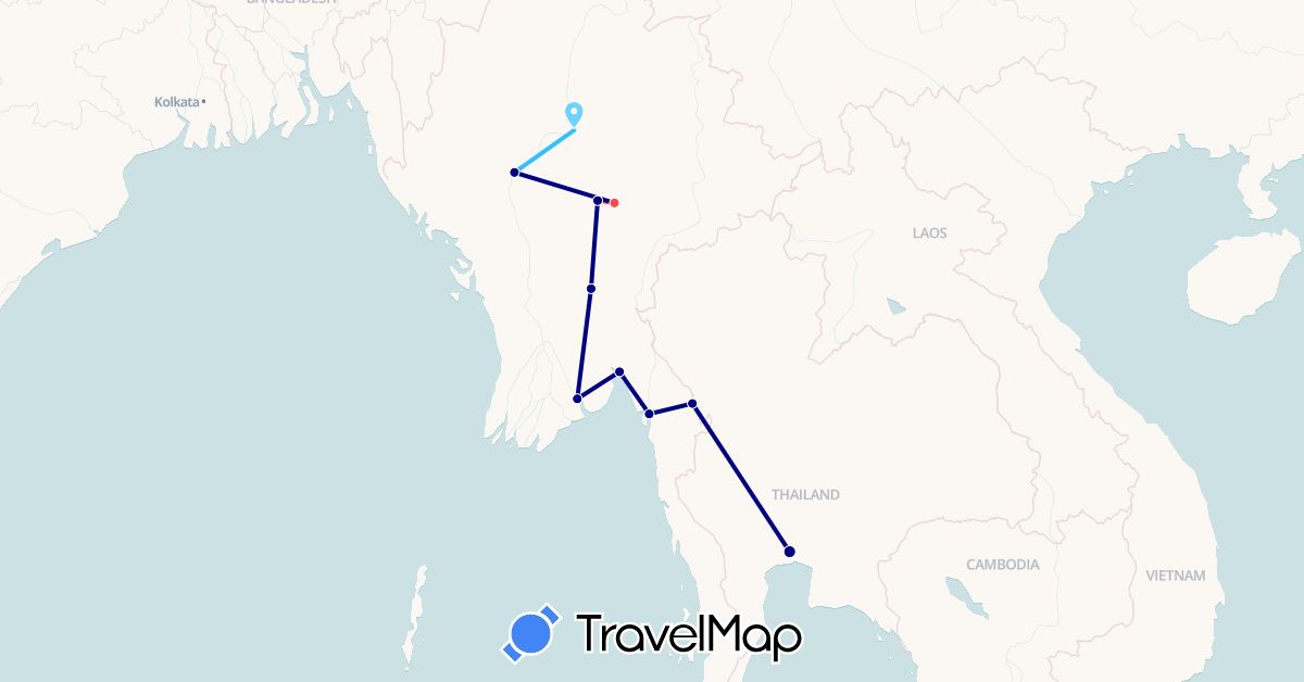 TravelMap itinerary: driving, hiking, boat in Myanmar (Burma), Thailand (Asia)