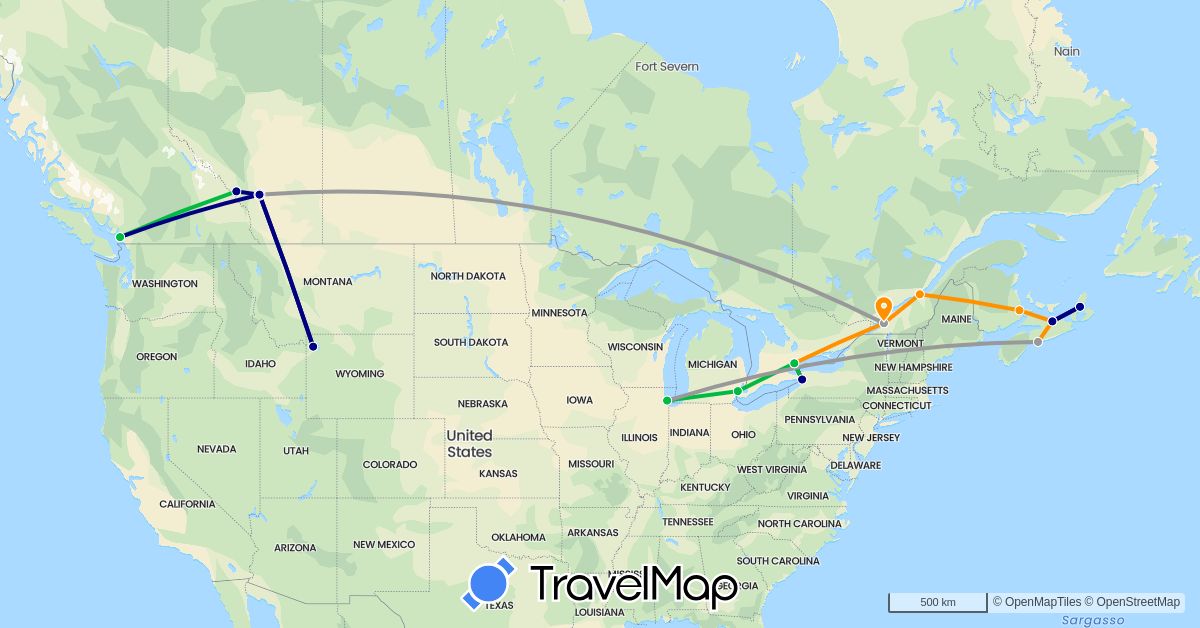 TravelMap itinerary: driving, bus, plane, hitchhiking in Canada, United States (North America)