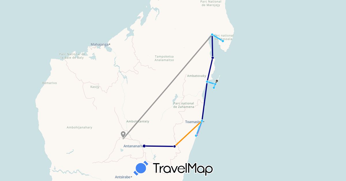 TravelMap itinerary: driving, plane, train, boat, hitchhiking, motorbike in Madagascar (Africa)